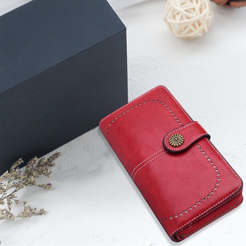Skin Leather Women's Long Wallet Hollow Out Buckle Wallets Credit Card Clutch Purse Card Bag Luxury Clutch Purses