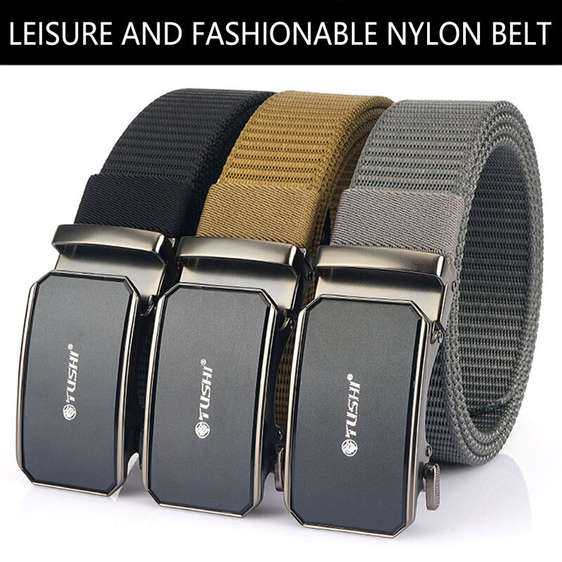 TUSHI-Cinturón de nailon grueso para hombre, hebilla de Metal automática, resistente, cómodo, ancho, para exteriores, estilo de negocios, a la moda