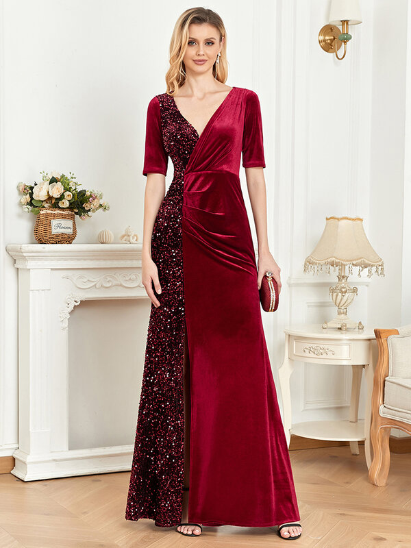 Women Slit Evening Dress Elegant V-Neck Splicing Sequins Formal Gown Robe Vestidos De fiesta Dress For 2023 Wedding Party