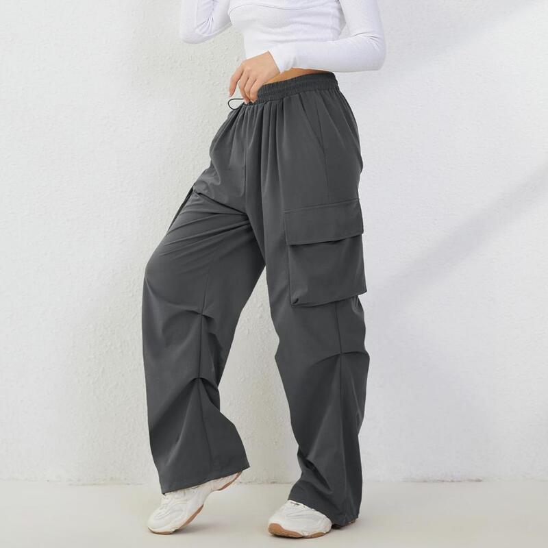 여성용 하이 웨이스트 루즈 팬츠, 조절 가능한 신축성 허리띠, 멀티 포켓 디자인, 조깅에 편안한 카고 팬츠