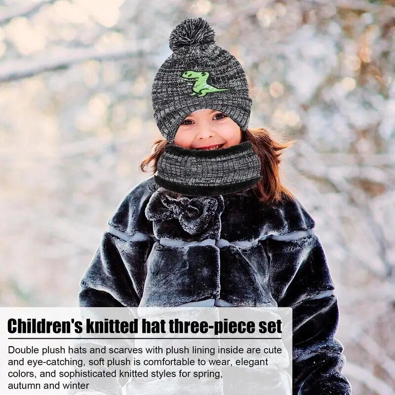 Chapéus de malha e cachecol com luvas para meninos e meninas, lenços no pescoço, estampa de dinossauro bonito, presentes de inverno, 2-8