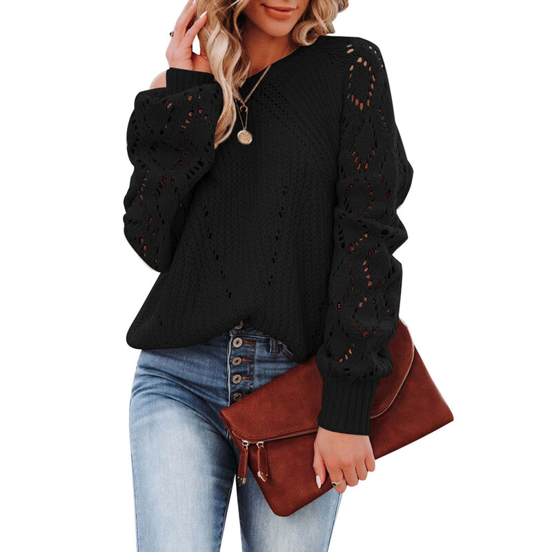 New Autumn and Winter Sweater Women's Solid Color Loose Top Women's Hollow Pattern Round Neck Sweater Women
