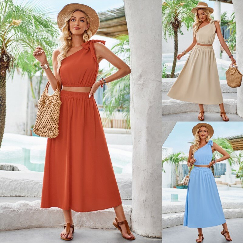 Summer New Dress Women's Fashion Hot Sale Fresh Style Solid Color Oblique Shoulder Waist Top And Skirt Suit 2024 New Style