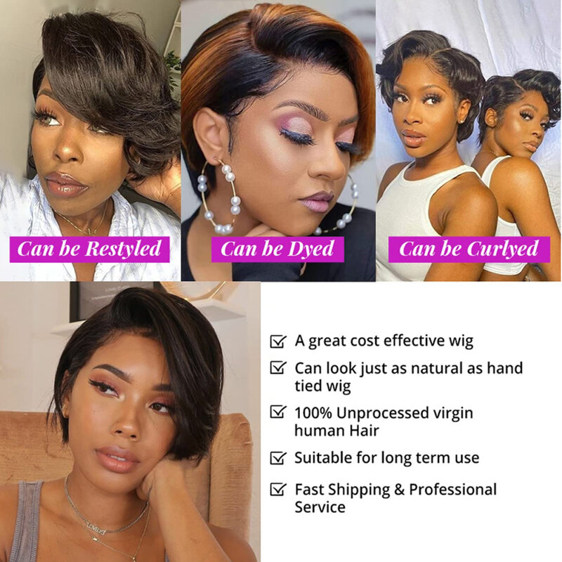 ISEE-pelucas de cabello humano para mujeres negras, Pelo Corto con corte Pixie, recto, Bob, HD, transparente, encaje Frontal, 250de densidad, 13x2