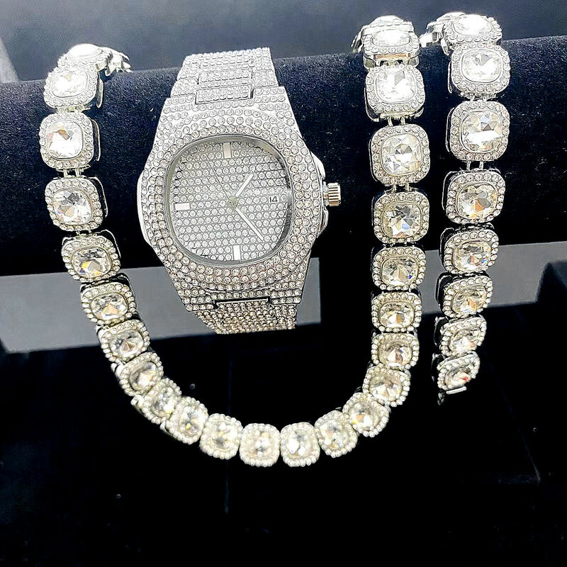 Jam Tangan Mewah + Rantai + Gelang Bling Es Keluar Kristal 12MM Berlian Imitasi Berlapis Kuba Miami Zirkon Kalung Pria untuk Perhiasan Pria