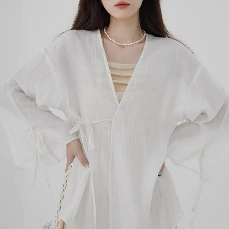 Deeptown Solid Lace Up Oversized Chiffon Cardigan Women V Neck Shirt See Through Summer Blouse Korean Fashion Elegant Casual