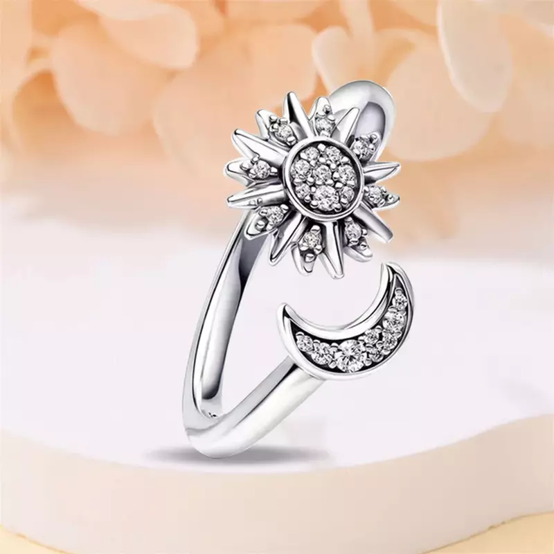 Cincin zirkon butik matahari bulan putih perak murni 925 untuk wanita cincin pakaian sehari-hari pesta pernikahan bagus perak hadiah perhiasan DIY