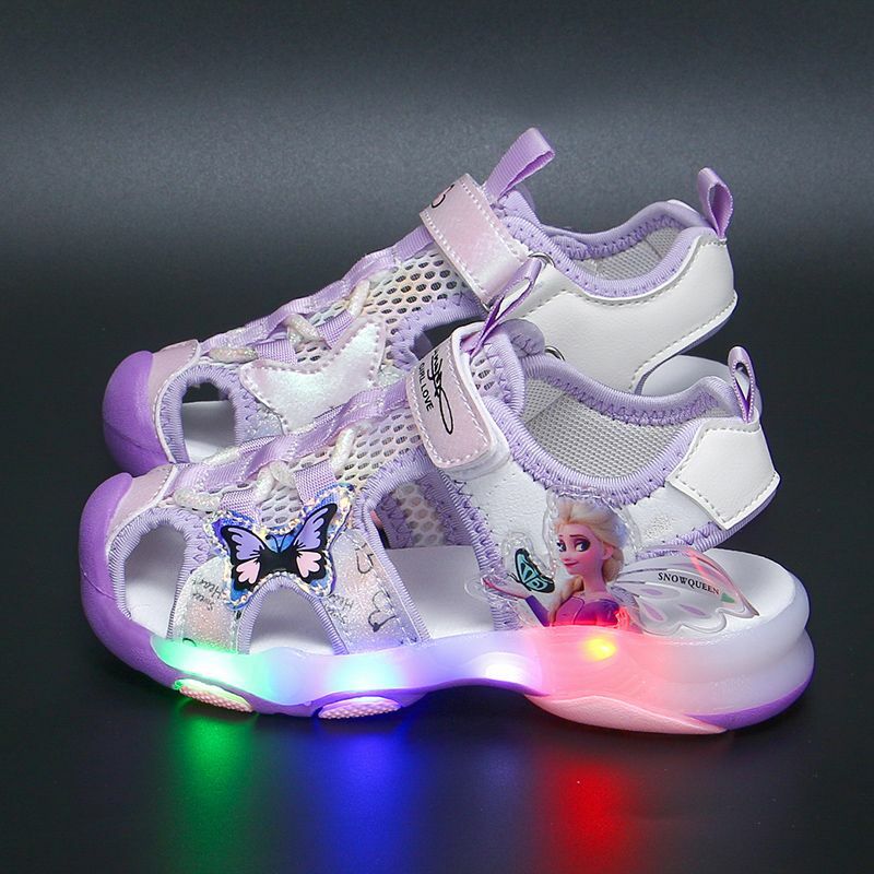 Zapatos informales de Disney para niña, sandalias Baotou con luz Led, estilo de verano, suelas suaves antideslizantes, zapatos de malla rosa y púrpura, talla 23 a 36