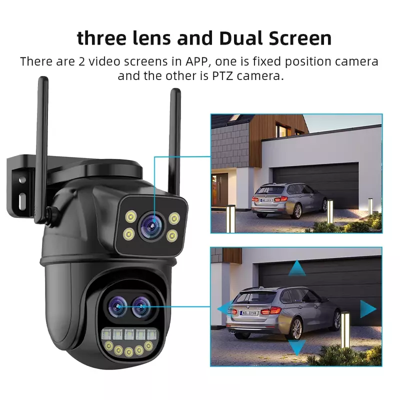 6K 12mp Icsee Wifi Beveiligingscamera 3 Lens Dual Screen 8x Zoom Buiten Waterdichte Kleur Nachtzicht Ip66 Bewakingscamera