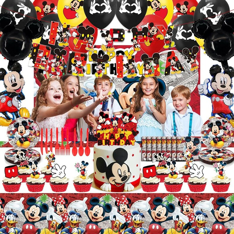 Disney Mickey Mouse dekoracja urodzinowa Mickey balon jednorazowe zastawy stołowe tła Baby Shower Kids Boys zaopatrzenie firm