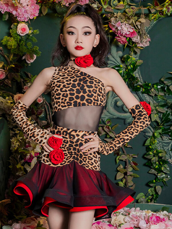 Kids Girl Latin Dance White Leopard Print Mesh Skirt Two Piece Sets Samba Cha Cha Rumba Costume Training Performance Clothes