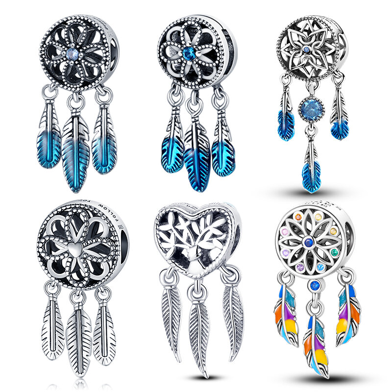 925 Sterling Silver Pena Charms, 100% Real, Dreamcatcher, Beads, Fits Original Pandora Pulseira, Bangle, Moda, Jóias DIY