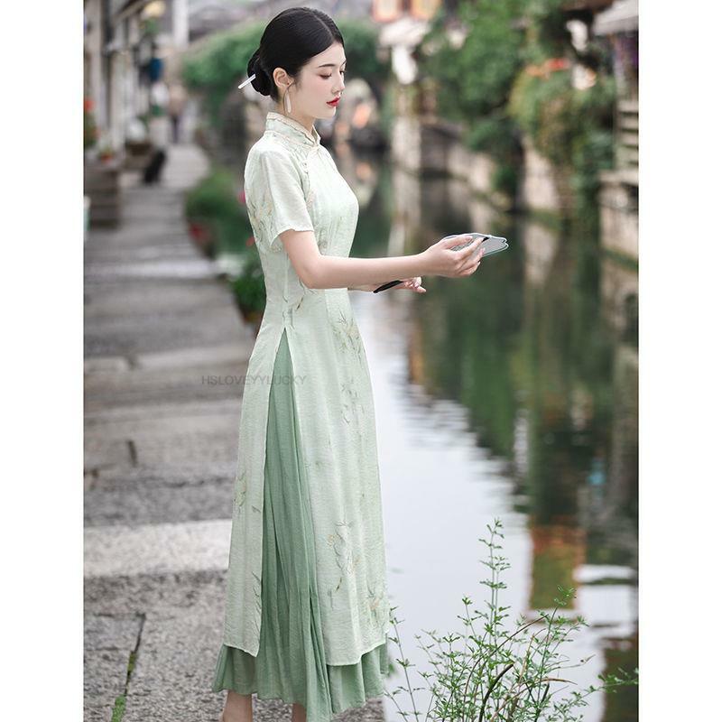 Qipao gaun Cheongsam elegan untuk wanita, gaun Cheongsam gaya Oriental bergaya anak muda Tiongkok, gaun Qipao Hanfu harian ditingkatkan untuk wanita