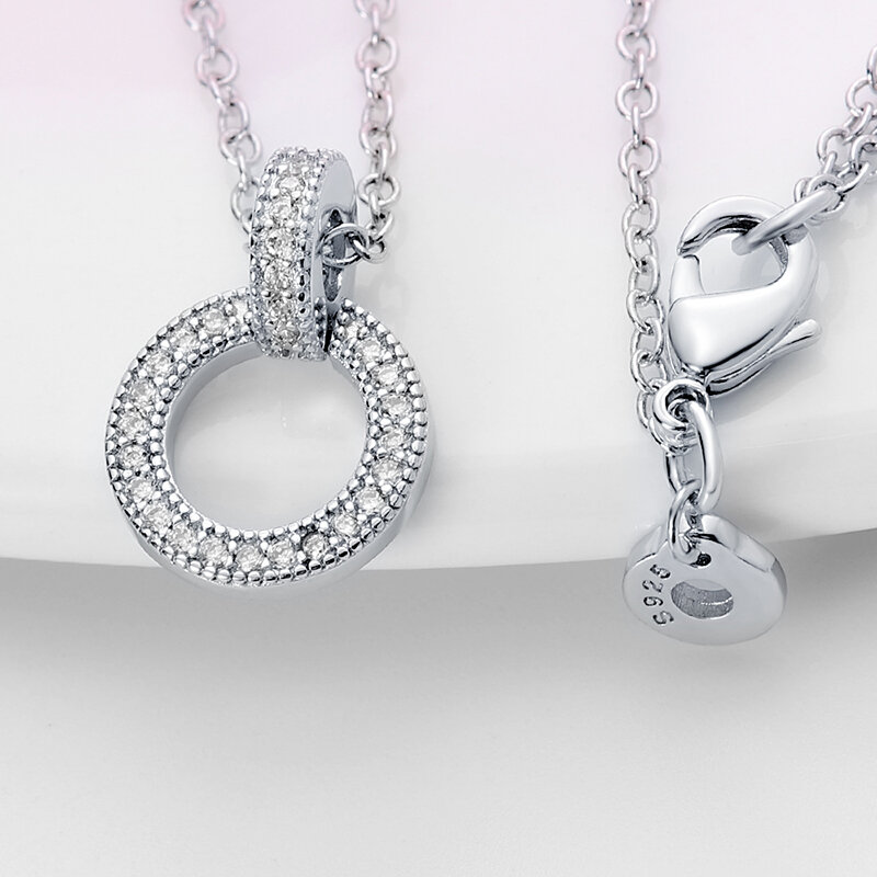 Kalung perak Sterling 925 asli untuk wanita, liontin bulat berkilau Pave CZ kalung mode ulang tahun perhiasan hadiah