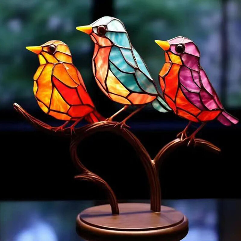 Oiseaux en acrylique teintés sur branche, ornements de bureau, statue artisanale de style multicolore double face