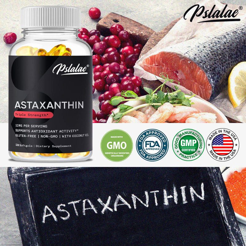 Astraxanthin 12 Mg alami dengan minyak kelapa Organik | 120 gel lembut Vegetarian, non-gmo, suplemen makanan