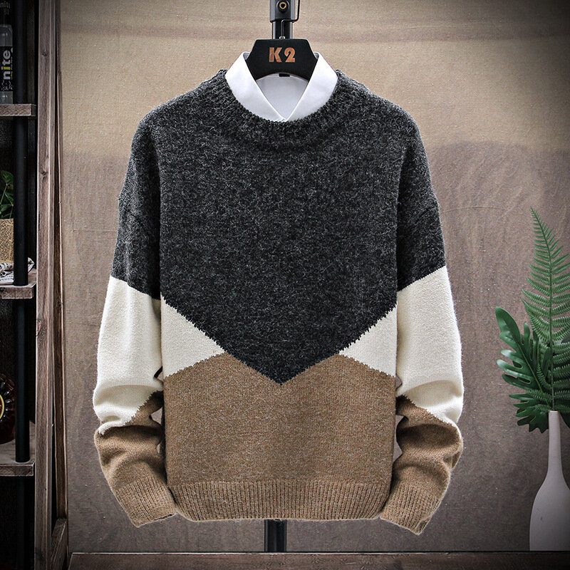 Осень-зима 2023, мужские пуловеры, свободные базовые свитшоты из искусственной кожи из двух частей с V-образным вырезом, толстый теплый вязаный шерстяной свитер