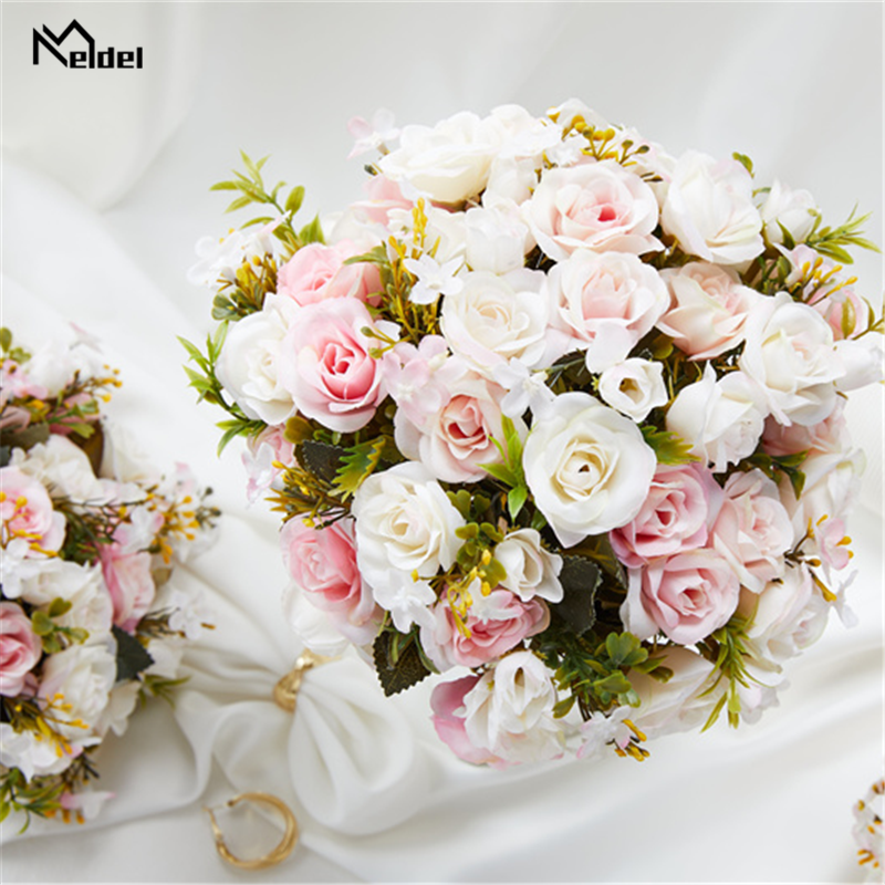 Ramo rosa para novia y dama de honor, cinta de seda, rosas artificiales, accesorios de boda