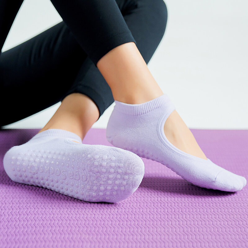 Kaus kaki Yoga Pilates wanita kaus kaki Yoga tanpa punggung bersirkulasi antiselip katun kaus kaki olahraga dansa balet wanita untuk Fitness Gym