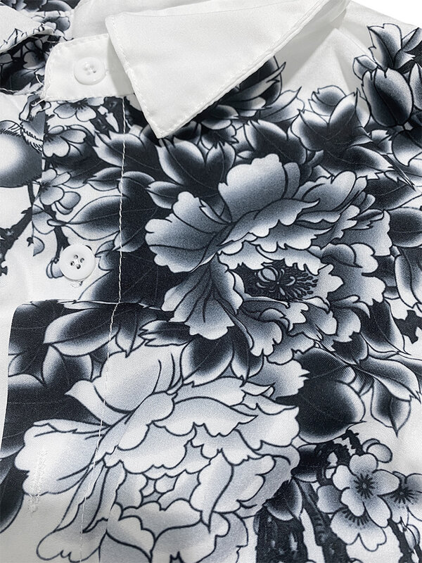 Camisa masculina de manga curta lapela, europeu e americano impresso camisa, pintura a tinta Casual Sudeste Asiático, flor de ameixa, S-3XL