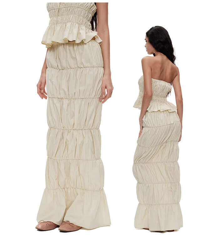Conjunto de faldas plisadas sin mangas para mujer, tops de tubo de cintura alta, trajes Maxi de lápiz, 2 piezas, elegante, WS1