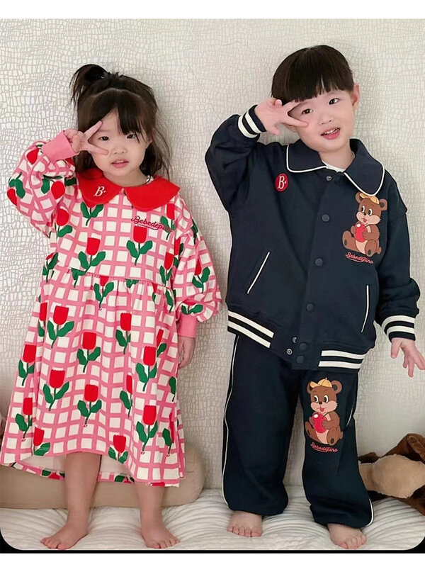 Conjunto de ropa de primavera para niños y niñas, sudaderas de vestir coreanas para bebés, suéter para niños pequeños, ropa para niños pequeños, 2024