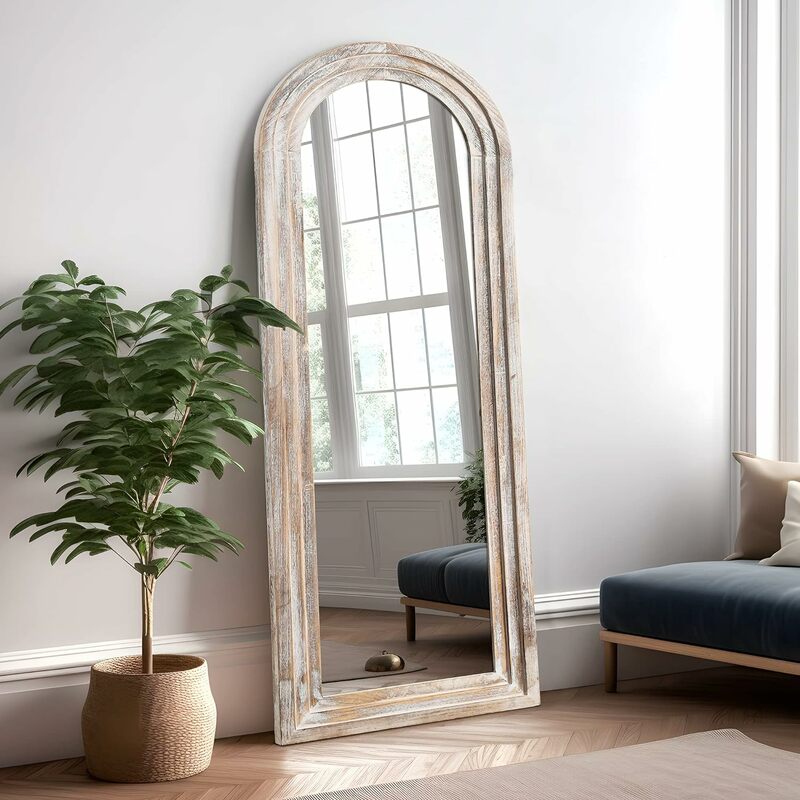 65"x22" Large Full Length Mirror Solid Wood Frame Rustic Wall Mirror with Arch Design Bedroom Wall Decor Mirror