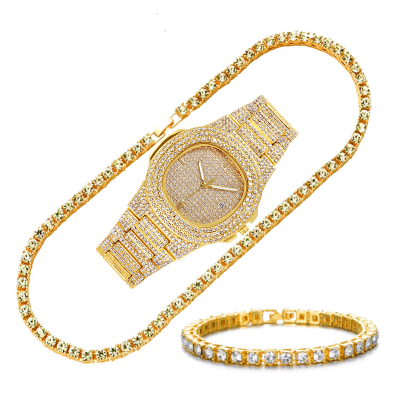 3pcs Necklaces Watches Bracelets Hip Hop Prong 5mm Tennis Cuban Chain Iced Out Rhinestone CZ Bling for Men Women Jewelry Set