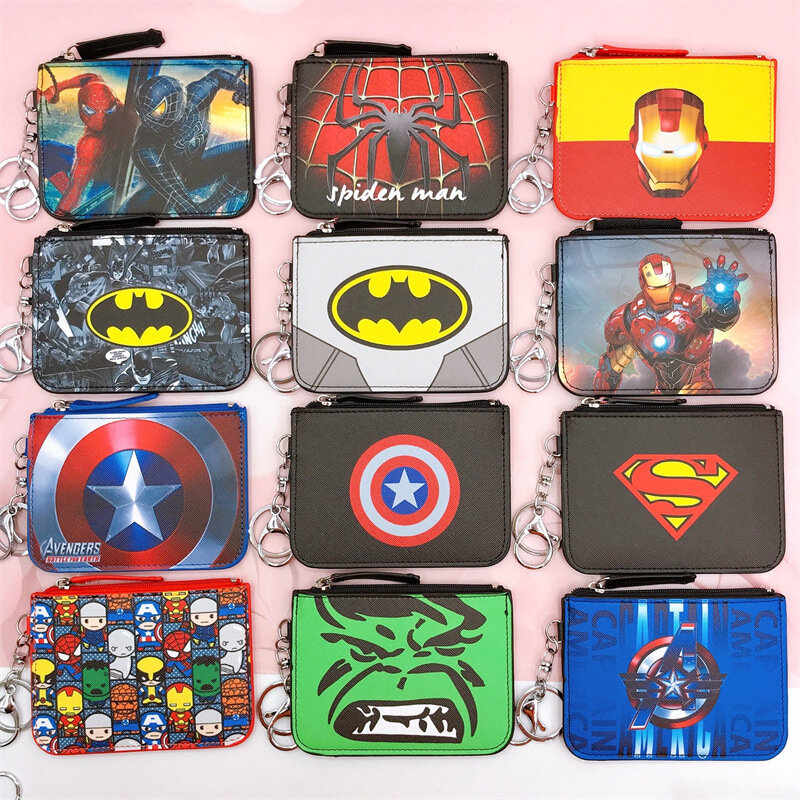 マーベルアベンジャーズコインウォレット子供、スパイダーマン、キャプテンアメリカのプリントカードホルダー、キーホルダー付きネームタグ、カードホルダー財布