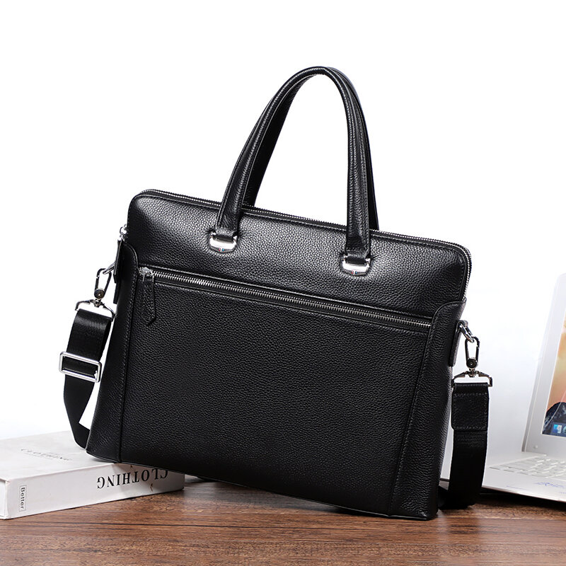 남성용 더블 레이어 정품 가죽 가방, 얇은 노트북 서류 가방, 사무용 핸드백 숄더백, 고품질