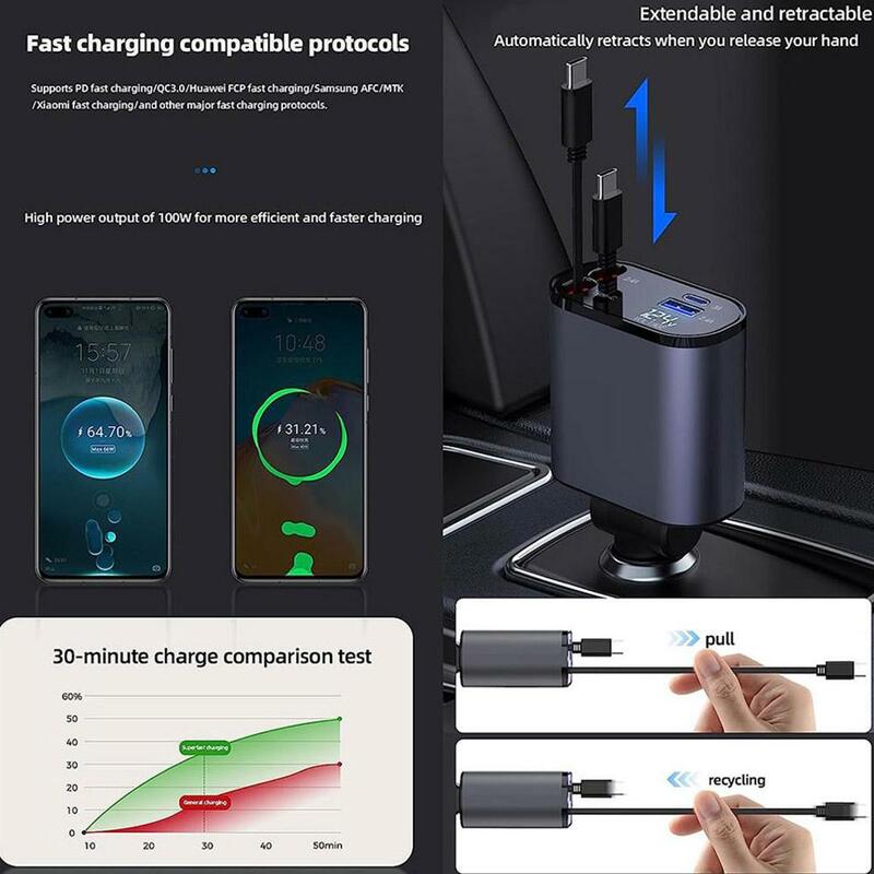 100W 4 IN 1 Retractable Car Charger USB Type C Cable For IPhone Fast Charge Cord Cigarette Lighter Adapter