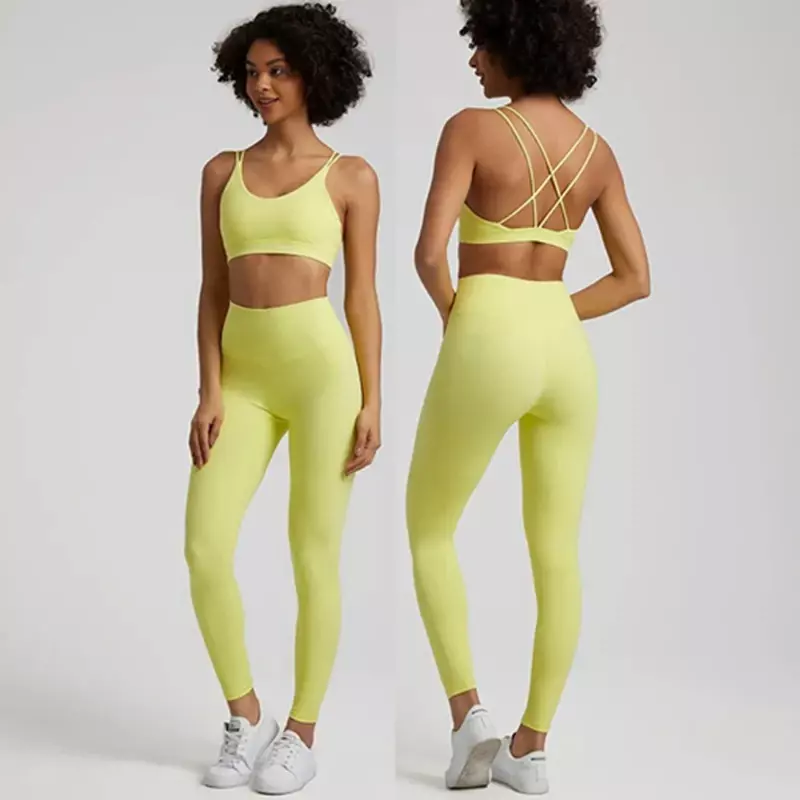 Lemon Gym Fitness Yoga Set Leggings Back Cross Sport Bra Top 2pc Suit allenamento completo Jog Womencutout Tie Round Nec