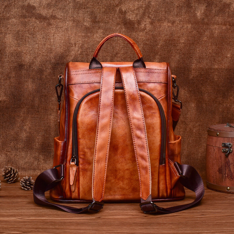 Винтажный вместительный женский рюкзак из натуральной воловьей кожи с защитой от кражи