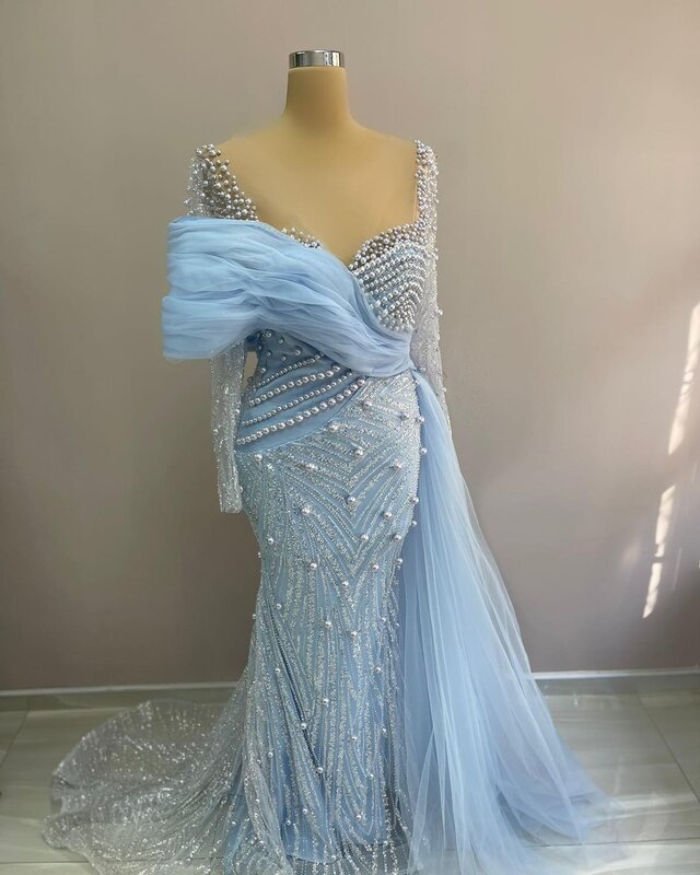 2024 Mermaid light Sky Blue Prom Dresses Sequined Evening Formal Party Second Reception Birthday Engagement Gowns Dress ZJ45