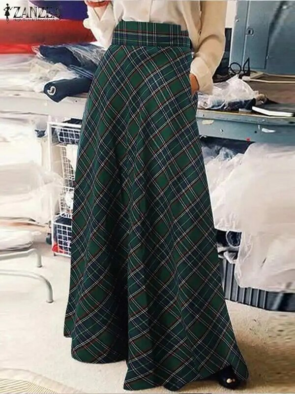 Zanzea-Saia maxi de cintura alta feminina, vestido xadrez feminino A-Line, extragrande, cheque elegante, Casual, Primavera, 2023