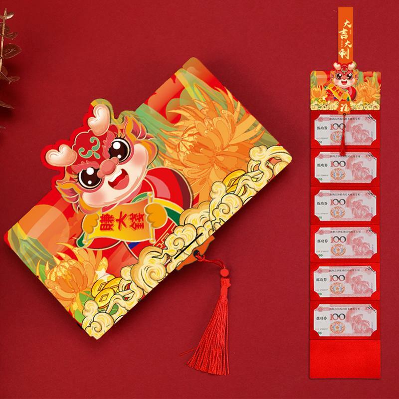 Enveloppe rouge pliable de style chinois, année du dragon, portable, nouvel an chinois, anniversaire, mariage, 6 emplacements pour cartes