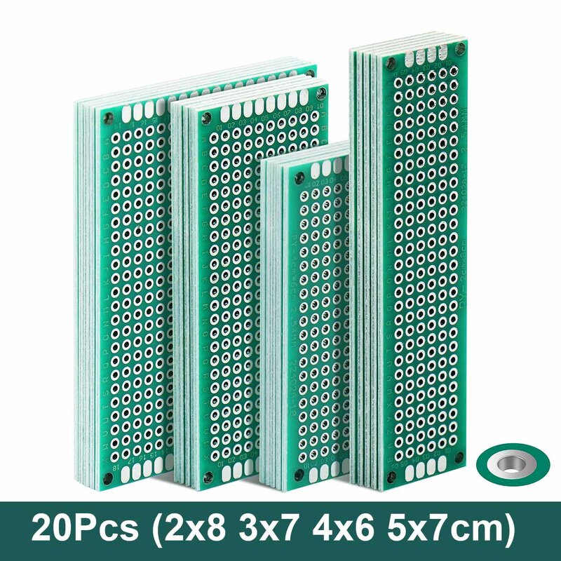 Prototipo de placa PCB de 20 piezas, placa de circuito Universal, Veroboard de prototipos, 2x8, 3x7, 4x6, 5x7, 5 unidades cada uno, verde mixto