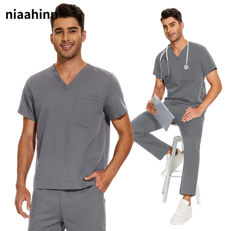Koszulka z dekoltem w szpic + odzież do karmienia S-3XL stroje medyczne mężczyzn z krótkim rękawem dentysta topy i spodnie pielęgniarka
