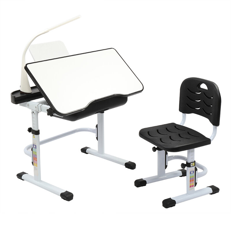 Mesa y silla de aprendizaje para niños, escritorio de estudio negro de 70CM, mesa elevadora, se puede inclinar con soporte de lectura, lámpara de interfaz USB