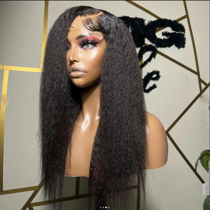 26“Long 180Density Yaki Soft Black Kinky Straight Lace Front Wig For Black Women BabyHair Glueless Preplucked Heat Resistant