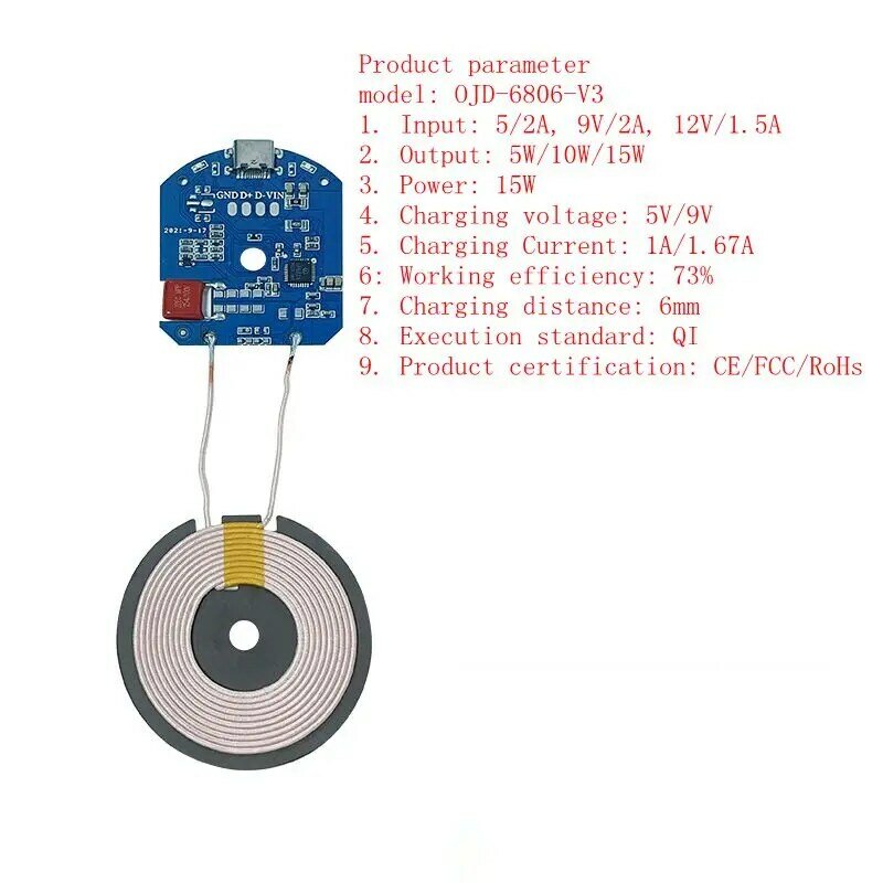 Wireless Charger Module 15W Transmitter Base Fast Charge PCBA Board + Coil QI Standard Wireless Charger Module