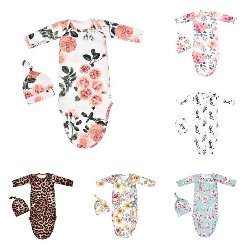 Baby-Kleid für Neugeborene, geknotet, gestreift, Schlafkleid, Pucktuch und Mütze, Coming Home, Unisex-Pyjama-Set mit rundem