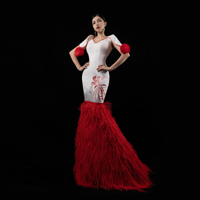 Vestido feminino bordado de avestruz personalizado, Bai Sha, vestido de noite para reunião anual, elegante saia de sereia para o convidado do casamento, H555, novo