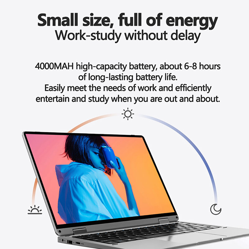 Laptop leve com câmera HD e telas sensíveis ao toque, 13,3 polegadas, Intel Celeron, N4000, 360 ° Flips, 6GB DDR4, 2TB SSD, 4000 mAh, 2,6 GHz