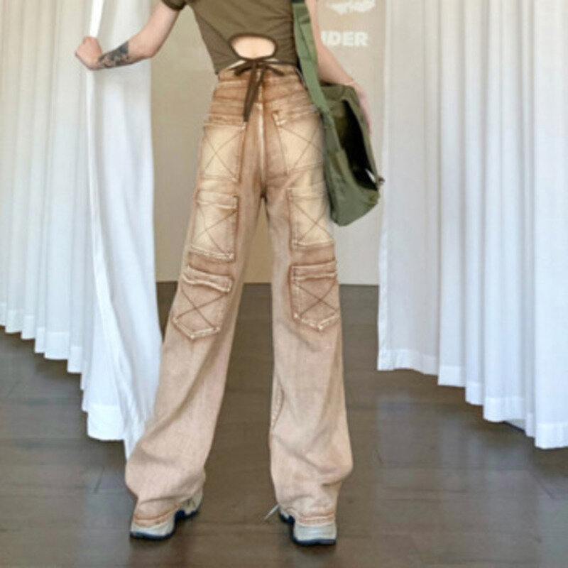 Jeans de cintura alta larga feminino com bolsos múltiplos, solto e emagrecedor, esfregão de perna reta, estilo rua, menina picante