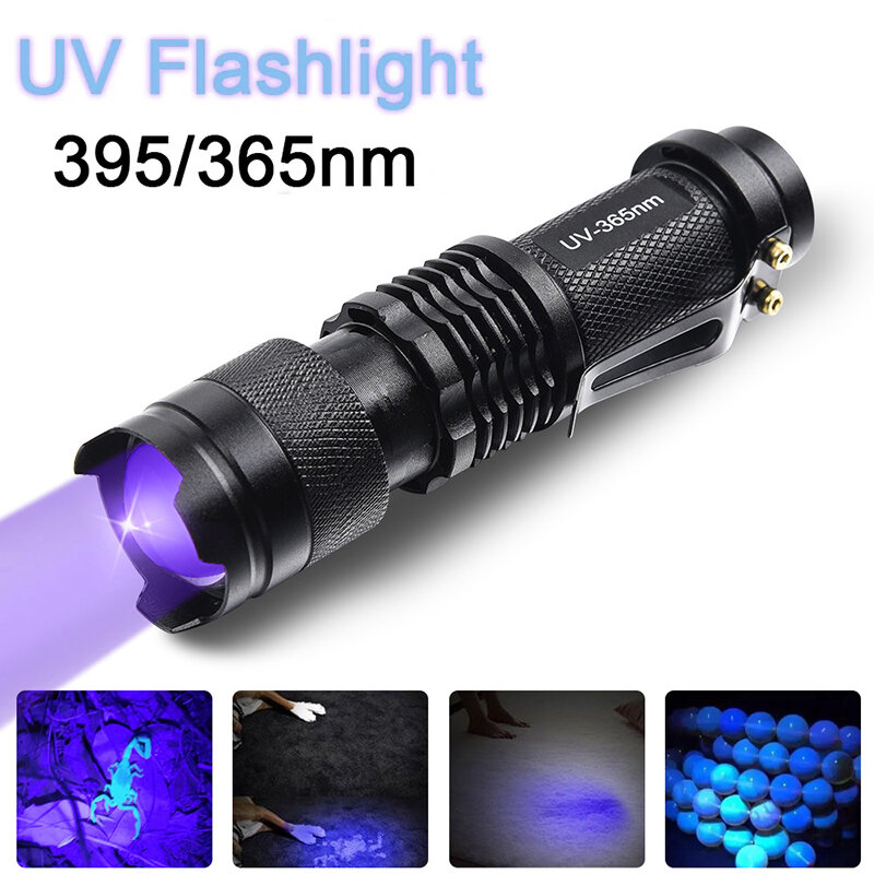 Linterna LED UV para exteriores, luz negra de escorpión, 365nm, 395nm, Detector de orina de mascotas, iluminación ultravioleta con zoom para acampar