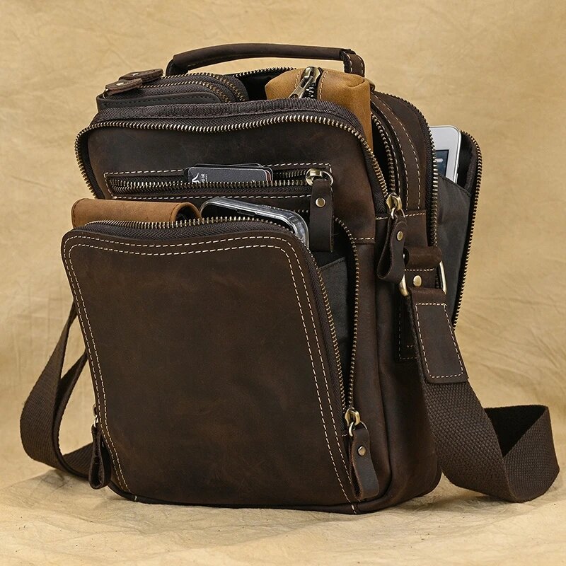 Luufan Genuine Leather Men's Shoulder Bag Vintage Crazy Horse Skin Double Zipper Pocket Flap Messenger Bag Man Daily Handbag