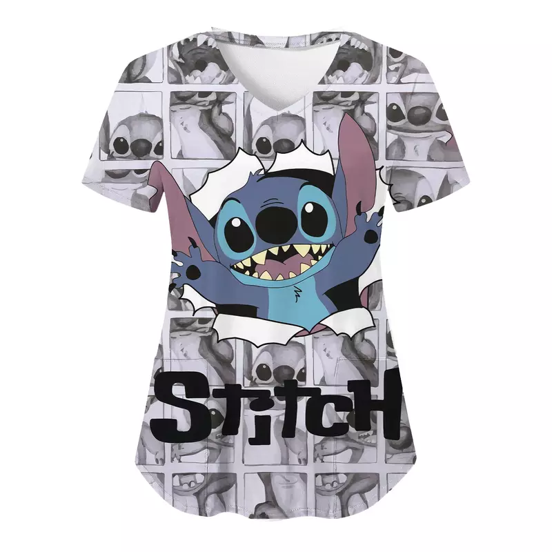 Miniso kaus bersaku musim panas kaus Wanita kerah V baju rumah sakit atasan Disney Wanita Atasan 2024 seragam perawat Stitch kaus Wanita