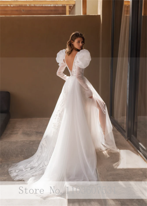 Bohemian Deep V-neck Appliques Lace Tulle Wedding Dress for Women with Removable Sleeve A-line Court Illusion Wedding Gown