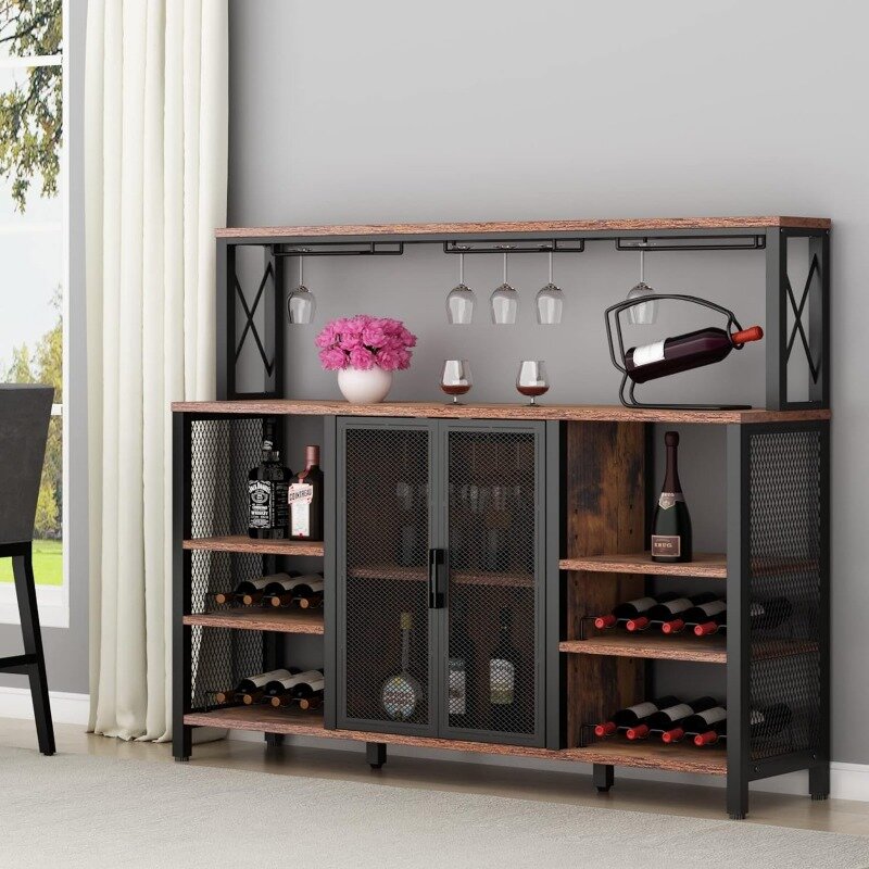Armario de Bar de vino, aparador de cocina de 55 pulgadas, armario de Buffet con almacenamiento de estante de vino, armario de Bar de café industrial con estante de vino